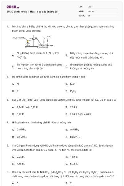Bộ 30 đề thi học kì 1 Hóa 11 có đáp án (Đề 20)