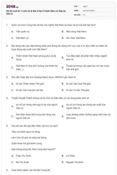 Đề thi cuối kì 1 Lịch sử & Địa lí lớp 5 Cánh diều có đáp án (Đề 2)