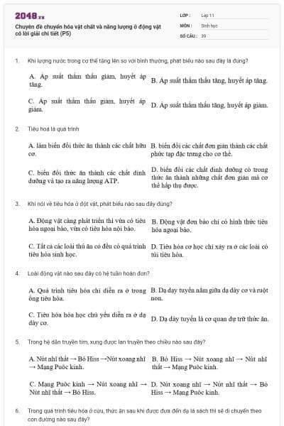 Chuyên đề chuyển hóa vật chất và năng lượng ở động vật có lời giải chi tiết (P5)