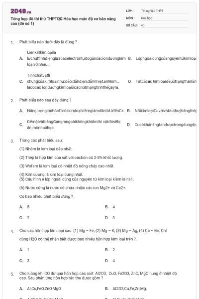 Tổng hợp đề thi thử THPTQG Hóa học mức độ cơ bản nâng cao (đề số 1)