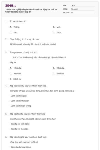 10 câu trắc nghiệm Luyện tập về danh từ, động từ, tính từ Chân trời sáng tạo có đáp án
