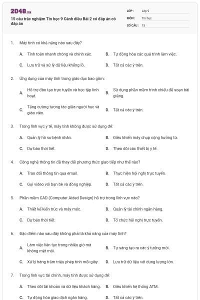 15 câu trắc nghiệm Tin học 9 Cánh diều Bài 2 có đáp án có đáp án