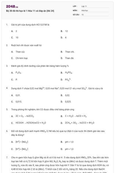 Bộ 30 đề thi học kì 1 Hóa 11 có đáp án (Đề 24)