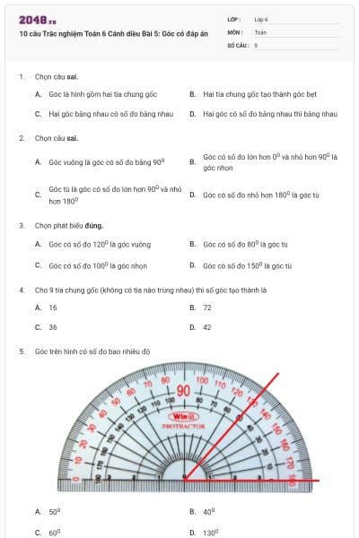 10 câu Trắc nghiệm Toán 6 Cánh diều Bài 5: Góc có đáp án