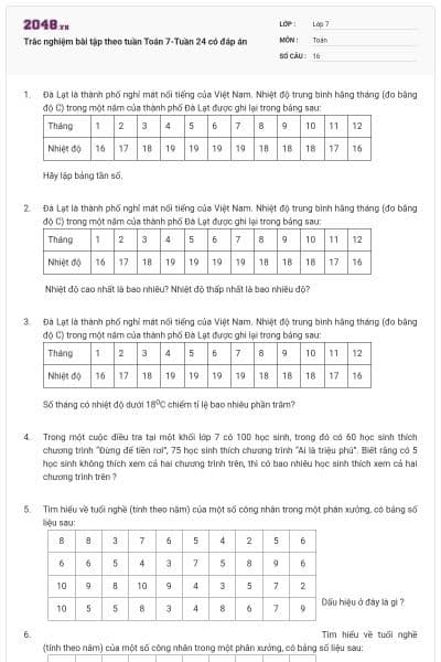 Trắc nghiệm bài tập theo tuần Toán 7-Tuần 24 có đáp án