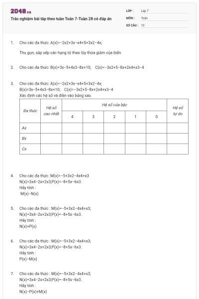 Trắc nghiệm bài tâp theo tuần Toán 7-Tuần 28 có đáp án