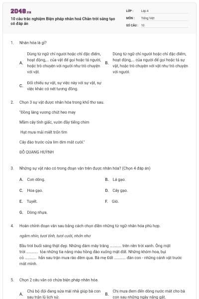 10 câu trắc nghiệm Biện pháp nhân hoá Chân trời sáng tạo có đáp án