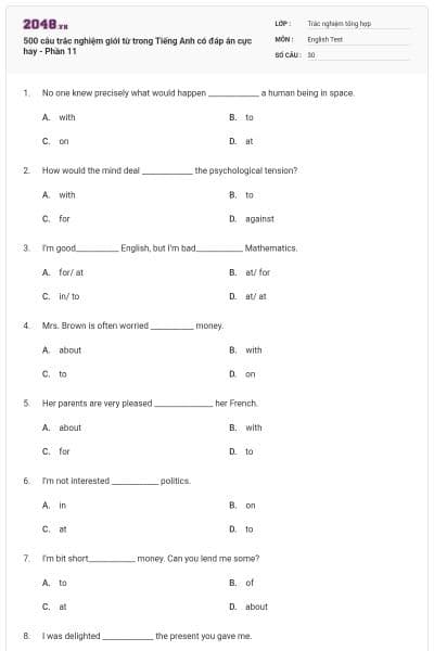 500 câu trắc nghiệm giới từ trong Tiếng Anh có đáp án cực hay - Phần 11