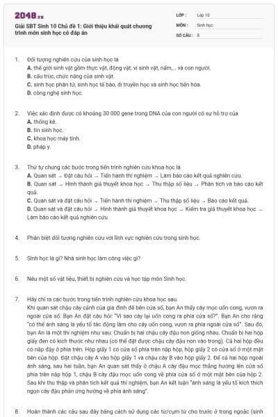 Giải SBT Sinh 10 Chủ đề 1: Giới thiệu khái quát chương trình môn sinh học có đáp án