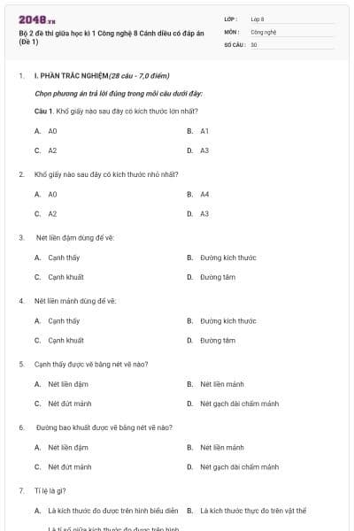 Bộ 2 đề thi giữa học kì 1 Công nghệ 8 Cánh diều có đáp án (Đề 1)