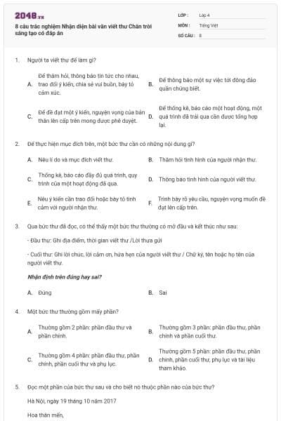 8 câu trắc nghiệm Nhận diện bài văn viết thư Chân trời sáng tạo có đáp án