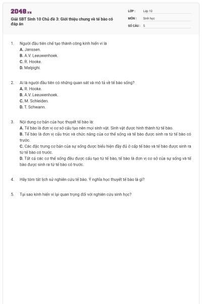 Giải SBT Sinh 10 Chủ đề 3: Giới thiệu chung về tế bào có đáp án