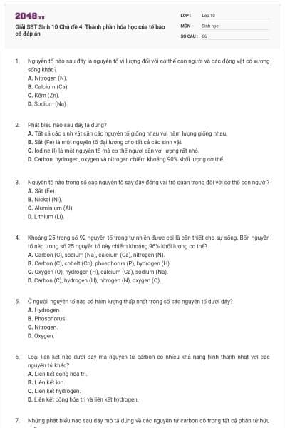 Giải SBT Sinh 10 Chủ đề 4: Thành phần hóa học của tế bào có đáp án