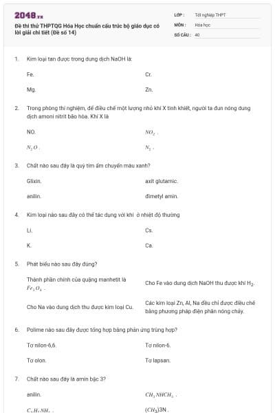 Đề thi thử THPTQG Hóa Học chuẩn cấu trúc bộ giáo dục có lời giải chi tiết (Đề số 14)