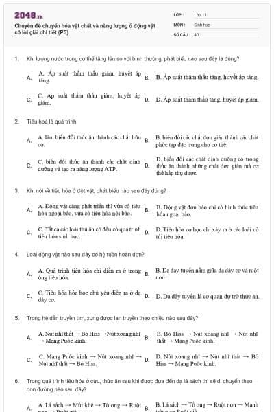 Chuyên đề chuyển hóa vật chất và năng lượng ở động vật có lời giải chi tiết (P5)