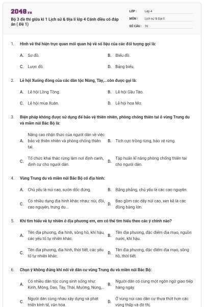 Bộ 3 đề thi giữa kì 1 Lịch sử & Địa lí lớp 4 Cánh diều có đáp án ( Đề 1)