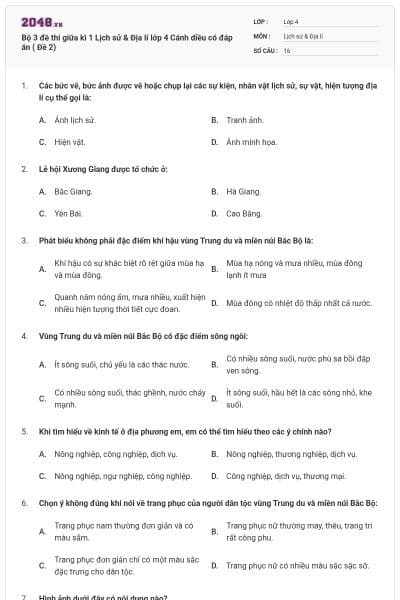 Bộ 3 đề thi giữa kì 1 Lịch sử & Địa lí lớp 4 Cánh diều có đáp án ( Đề 2)