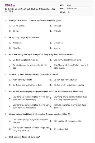 Bộ 3 đề thi giữa kì 1 Lịch sử & Địa lí lớp 4 Cánh diều có đáp án ( Đề 3)