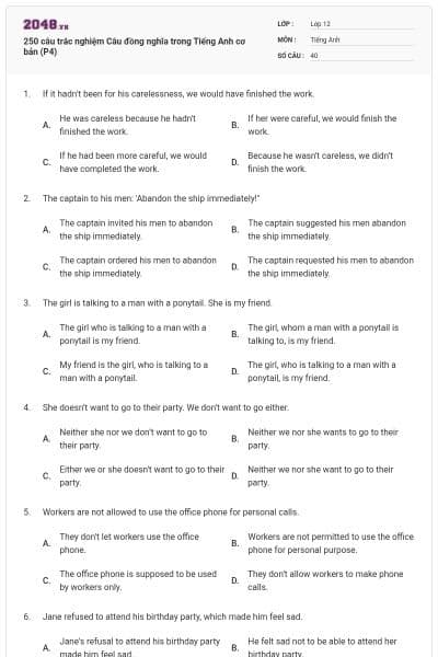 250 câu trắc nghiệm Câu đồng nghĩa trong Tiếng Anh cơ bản (P4)