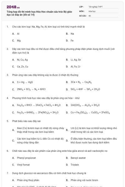 Tổng hợp đề thi minh họa Hóa Hoc chuẩn cấu trúc Bộ giáo dục có đáp án (đề số 14)