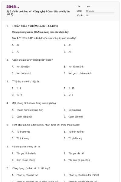 Bộ 2 đề thi cuối học kì 1 Công nghệ 8 Cánh diều có đáp án (Đề 1)