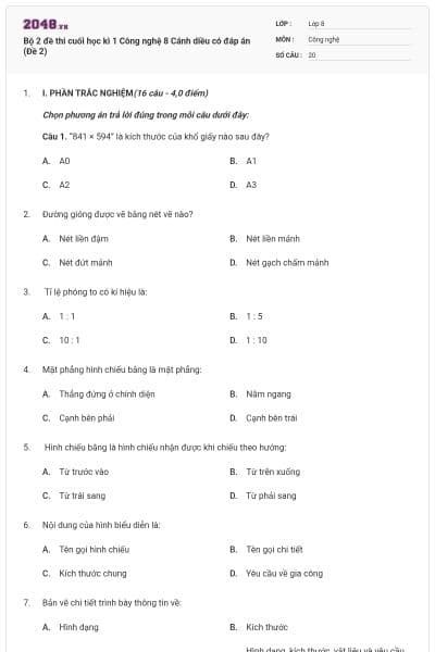 Bộ 2 đề thi cuối học kì 1 Công nghệ 8 Cánh diều có đáp án (Đề 2)
