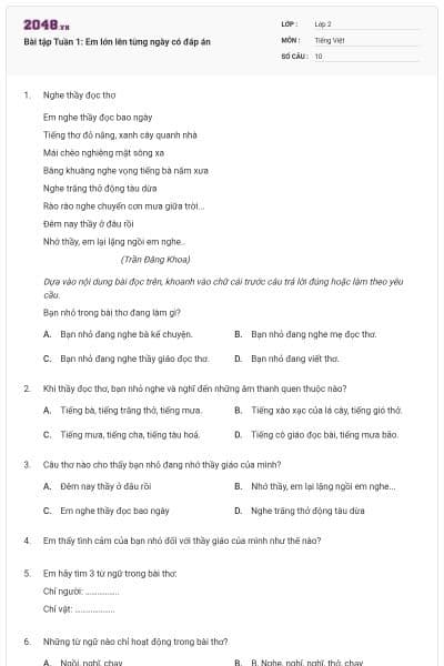 Bài tập Tuần 1: Em lớn lên từng ngày có đáp án