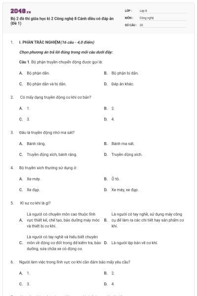 Bộ 2 đề thi giữa học kì 2 Công nghệ 8 Cánh diều có đáp án (Đề 1)