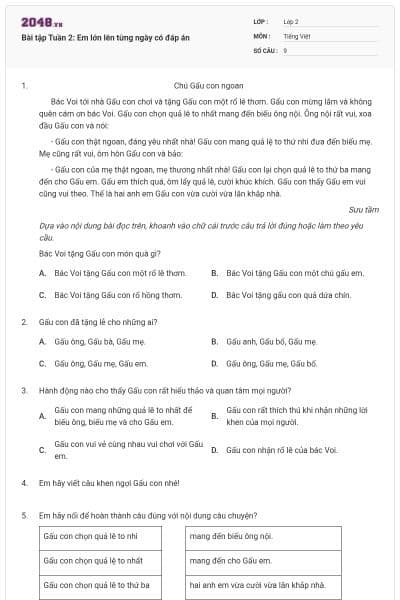 Bài tập Tuần 2: Em lớn lên từng ngày có đáp án