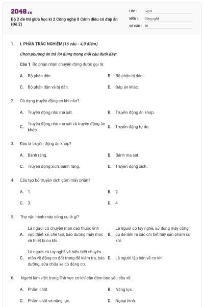 Bộ 2 đề thi giữa học kì 2 Công nghệ 8 Cánh diều có đáp án (Đề 2)