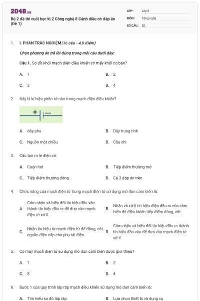 Bộ 2 đề thi cuối học kì 2 Công nghệ 8 Cánh diều có đáp án (Đề 1)