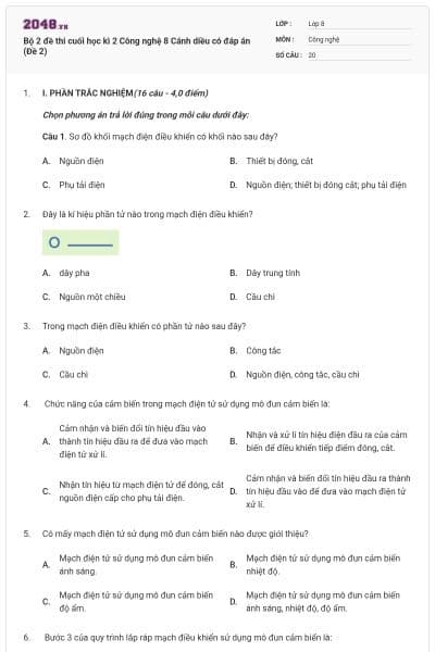 Bộ 2 đề thi cuối học kì 2 Công nghệ 8 Cánh diều có đáp án (Đề 2)