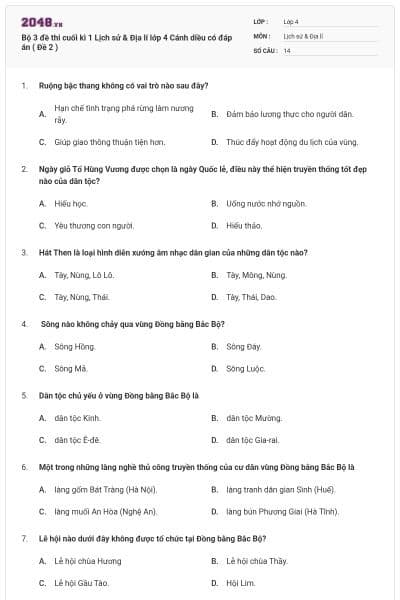 Bộ 3 đề thi cuối kì 1 Lịch sử & Địa lí lớp 4 Cánh diều có đáp án ( Đề 2 )