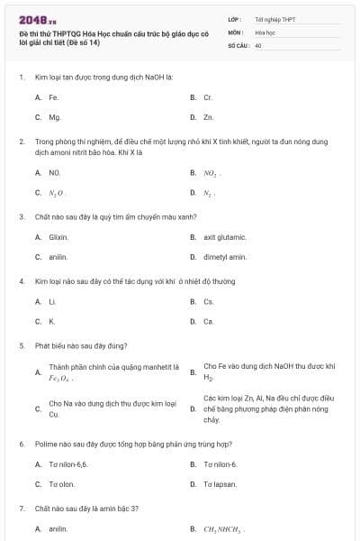 Đề thi thử THPTQG Hóa Học chuẩn cấu trúc bộ giáo dục có lời giải chi tiết (Đề số 14)