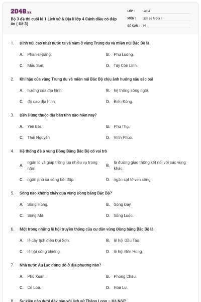 Bộ 3 đề thi cuối kì 1 Lịch sử & Địa lí lớp 4 Cánh diều có đáp án ( Đề 3)