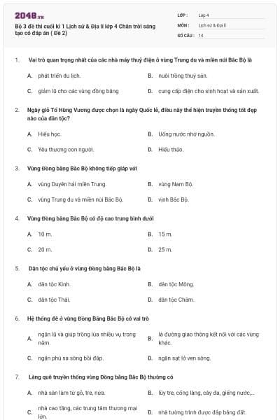 Bộ 3 đề thi cuối kì 1 Lịch sử & Địa lí lớp 4 Chân trời sáng tạo có đáp án  ( Đề 2)