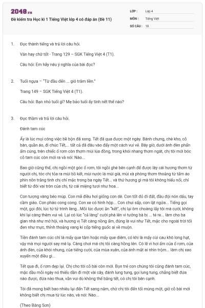 Đề kiểm tra Học kì 1 Tiếng Việt lớp 4 có đáp án (Đề 11)