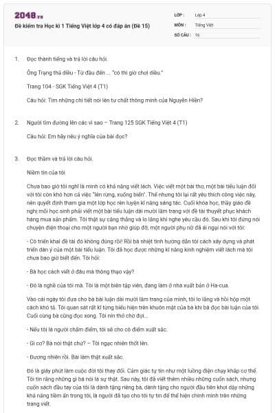 Đề kiểm tra Học kì 1 Tiếng Việt lớp 4 có đáp án (Đề 15)