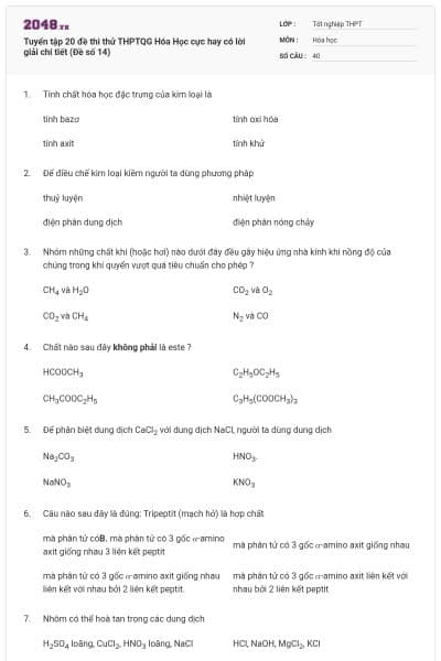 Tuyển tập 20 đề thi thử THPTQG Hóa Học cực hay có lời giải chi tiết (Đề số 14)