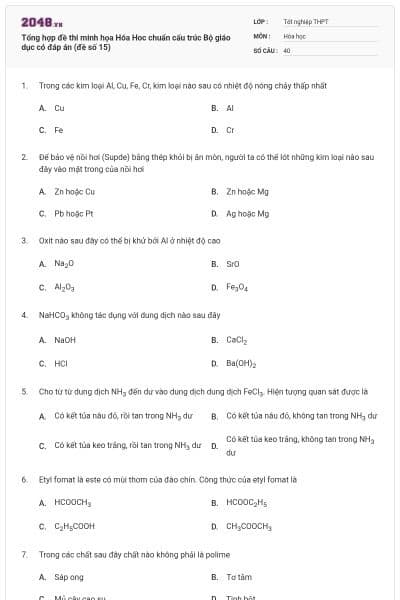 Tổng hợp đề thi minh họa Hóa Hoc chuẩn cấu trúc Bộ giáo dục có đáp án (đề số 15)