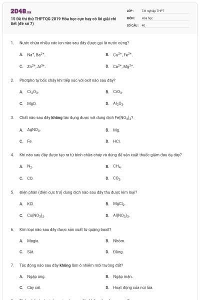 15 Đề thi thử THPTQG 2019 Hóa học cực hay có lời giải chi tiết (đề số 7)
