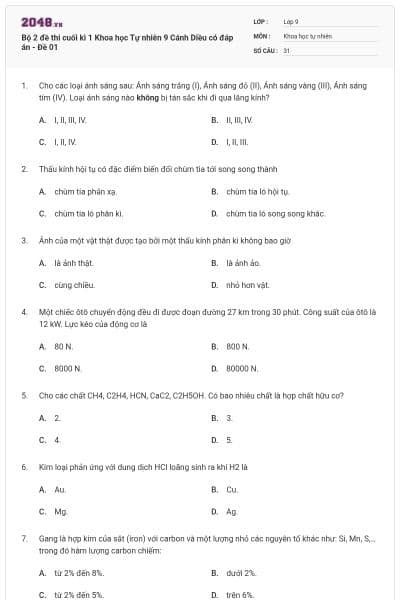 Bộ 2 đề thi cuối kì 1 Khoa học Tự nhiên 9 Cánh Diều có đáp án - Đề 01
