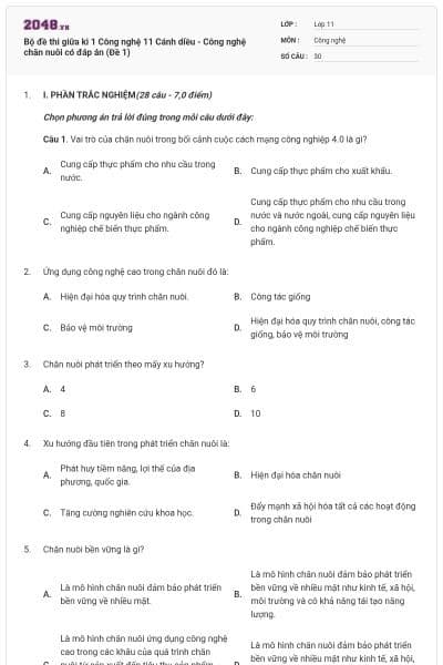Bộ đề thi giữa kì 1 Công nghệ 11 Cánh diều - Công nghệ chăn nuôi có đáp án (Đề 1)