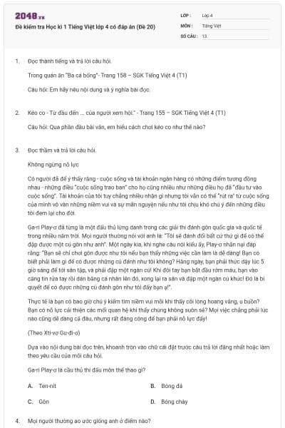 Đề kiểm tra Học kì 1 Tiếng Việt lớp 4 có đáp án (Đề 20)