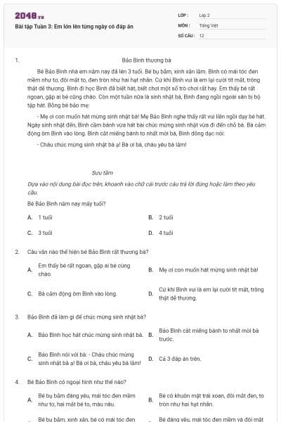 Bài tập Tuần 3: Em lớn lên từng ngày có đáp án