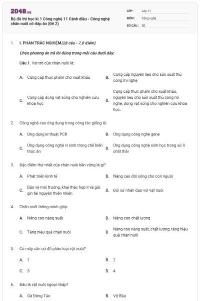 Bộ đề thi học kì 1 Công nghệ 11 Cánh diều - Công nghệ chăn nuôi có đáp án (Đề 2)