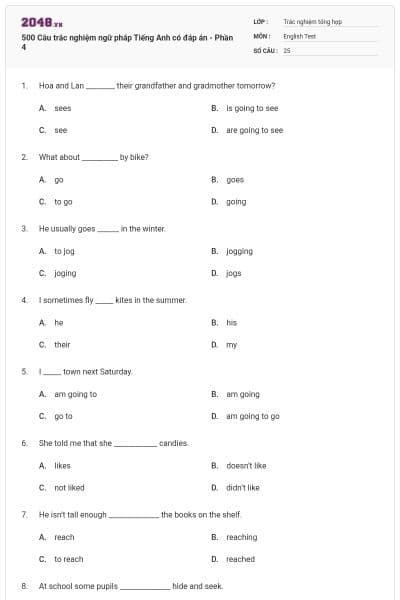 500 Câu trắc nghiệm ngữ pháp Tiếng Anh có đáp án - Phần 4