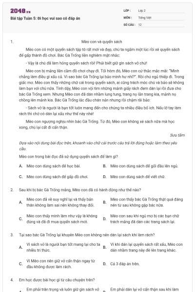 Bài tập Tuần 5: Đi học vui sao có đáp án