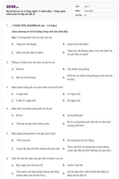 Bộ đề thi học kì 2 Công nghệ 11 Cánh diều - Công nghệ chăn nuôi có đáp án (Đề 2)