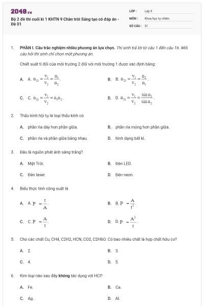 Bộ 2 đề thi cuối kì 1 KHTN 9 Chân trời Sáng tạo có đáp án - Đề 01